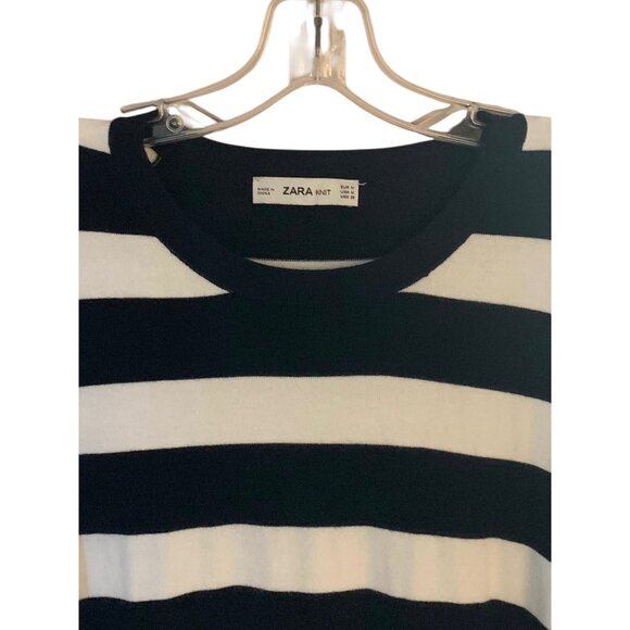 ZARA KNIT White + Black Striped Short Sleeve Crewneck Women's Sweater Medium - Picture 3 of 8